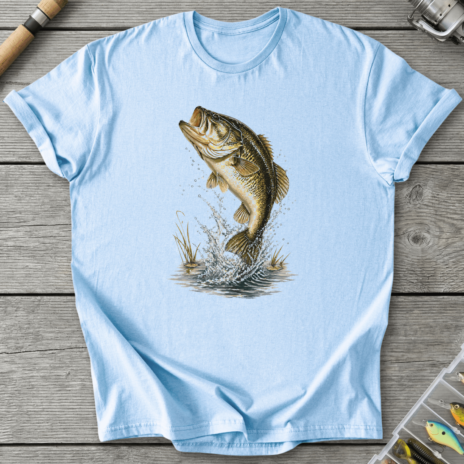 Largemouth Rising Bass T-Shirt in Light Blue | River Giants Club