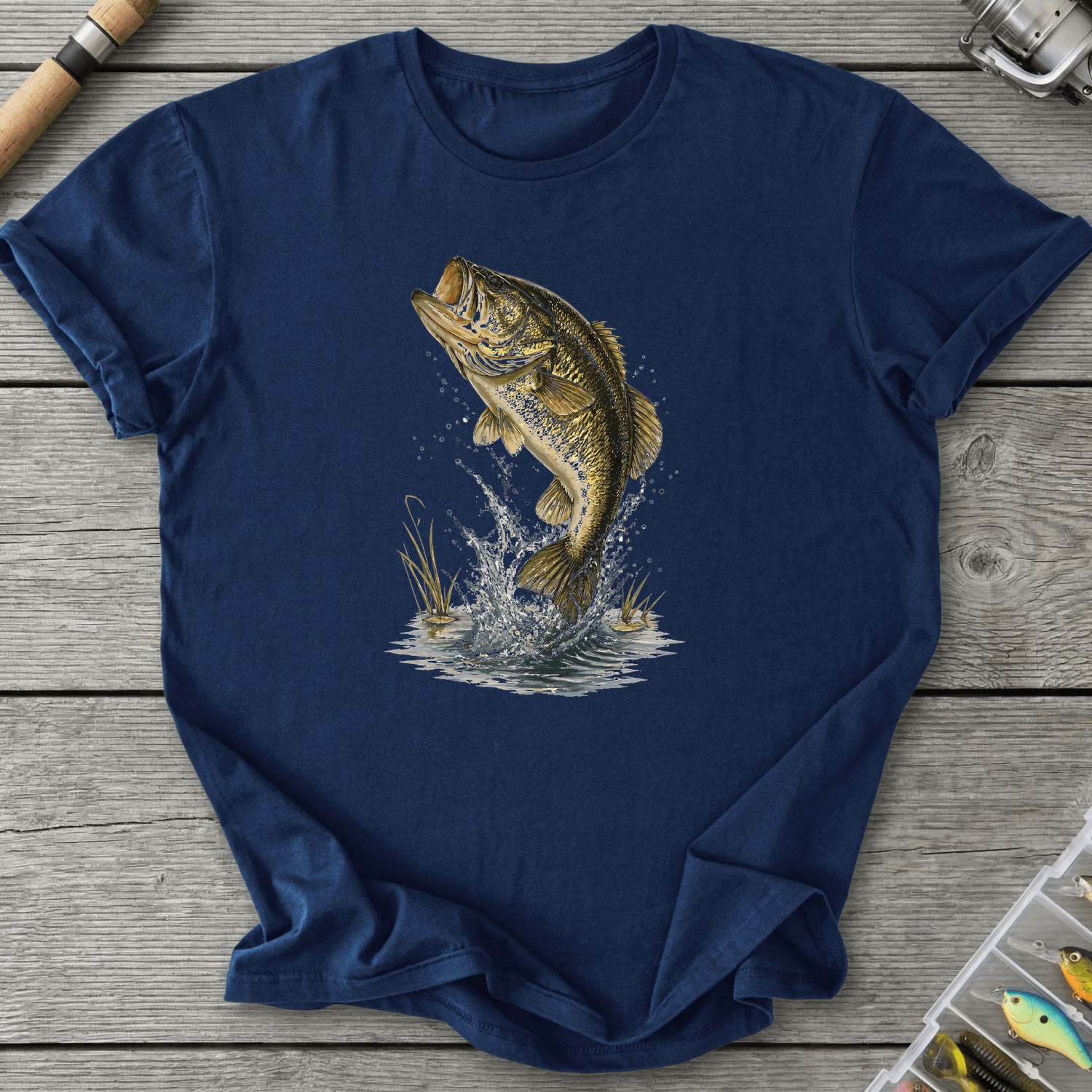Largemouth Rising Bass T-Shirt in Navy | River Giants Club