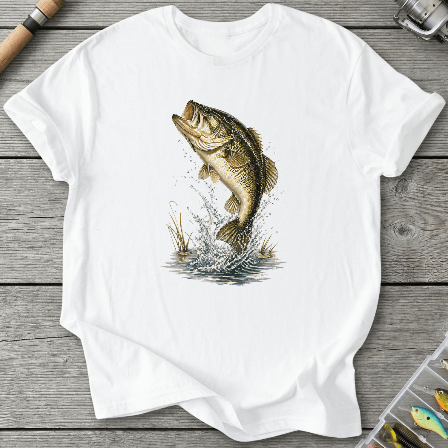 Largemouth Rising Bass T-Shirt in White | River Giants Club