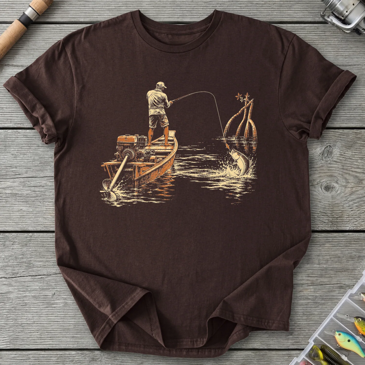 Longtail Skiff Fishing T-Shirt in Dark Chocolate | River Giants Club