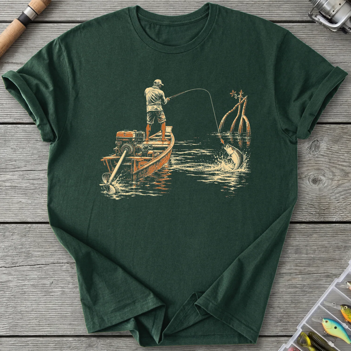 Longtail Skiff Fishing T-Shirt in Forest Green | River Giants Club