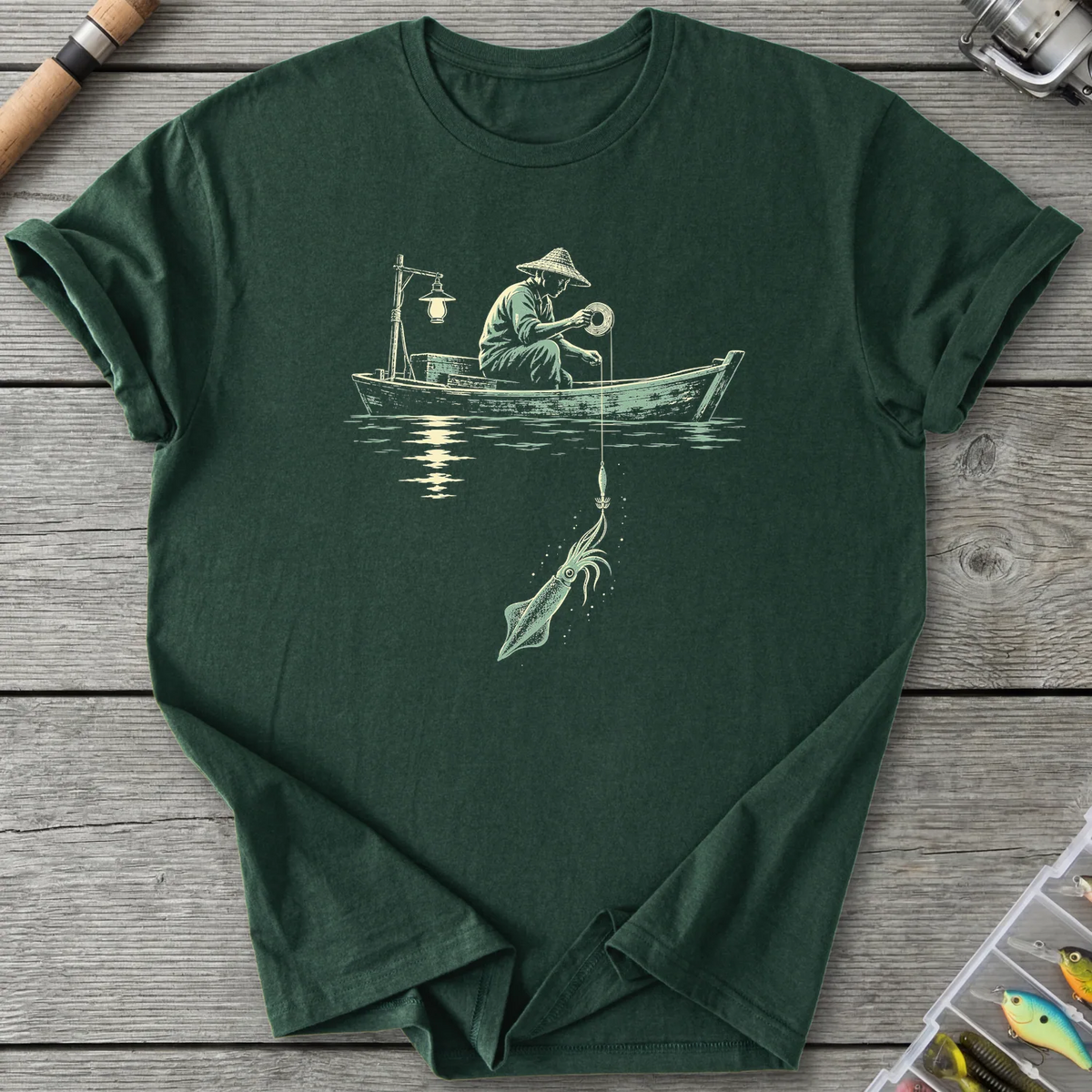 Midnight Squid Fishing T-Shirt in Forest Green | River Giants Club