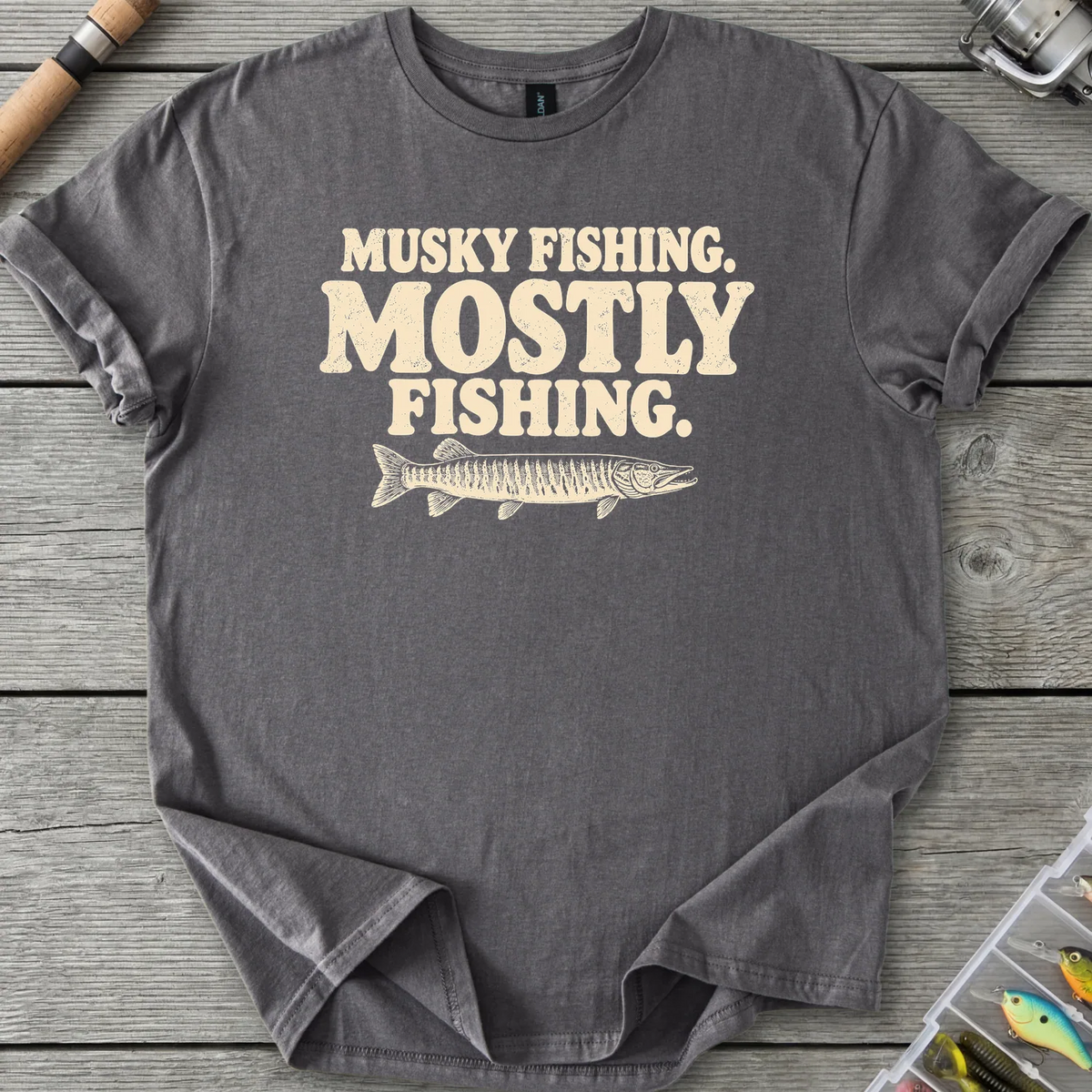 Musky Fishing Mostly Fishing T-Shirt in Charcoal | River Giants Club