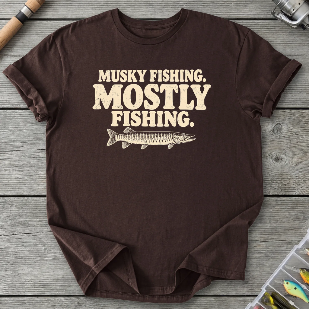 Musky Fishing Mostly Fishing T-Shirt in Dark Chocolate | River Giants Club