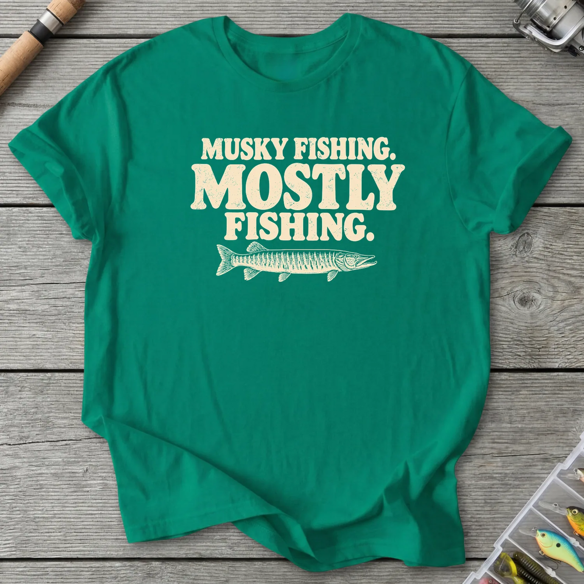 Musky Fishing Mostly Fishing T-Shirt in Kelly Green | River Giants Club