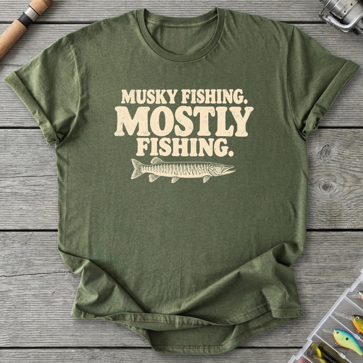 Musky Fishing Mostly Fishing T-Shirt in Military Green | River Giants Club