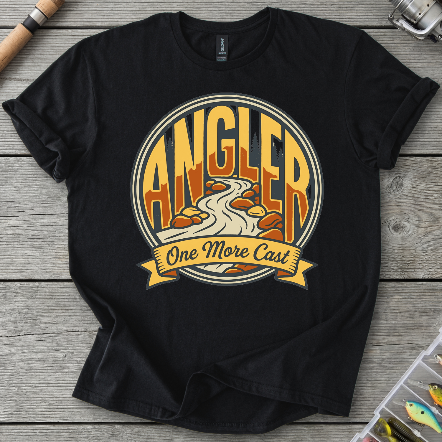 One More Cast Angler Badge T-Shirt in Black | River Giants Club