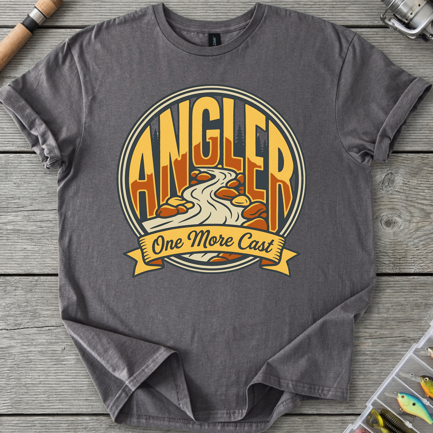 One More Cast Angler Badge T-Shirt in Charcoal | River Giants Club