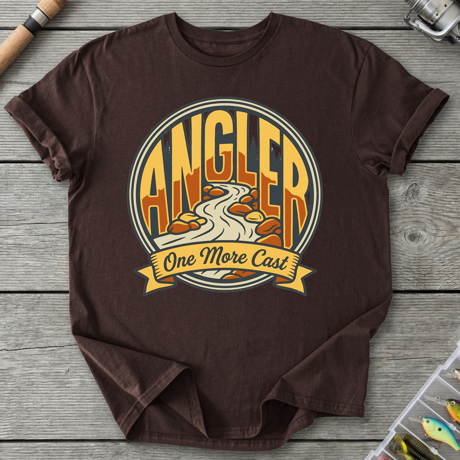 One More Cast Angler Badge T-Shirt in Dark Chocolate | River Giants Club