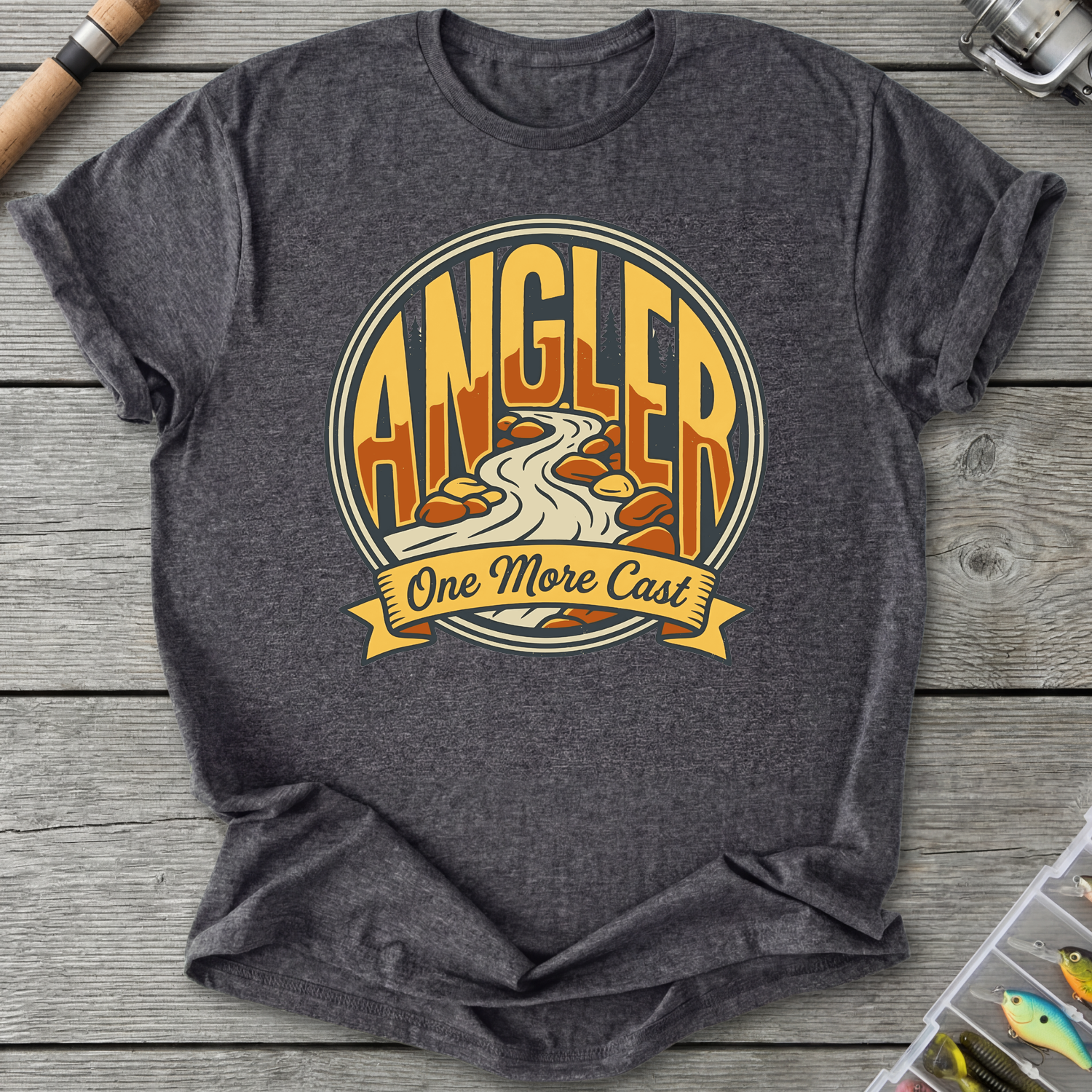 One More Cast Angler Badge T-Shirt in Dark Heather Grey | River Giants Club