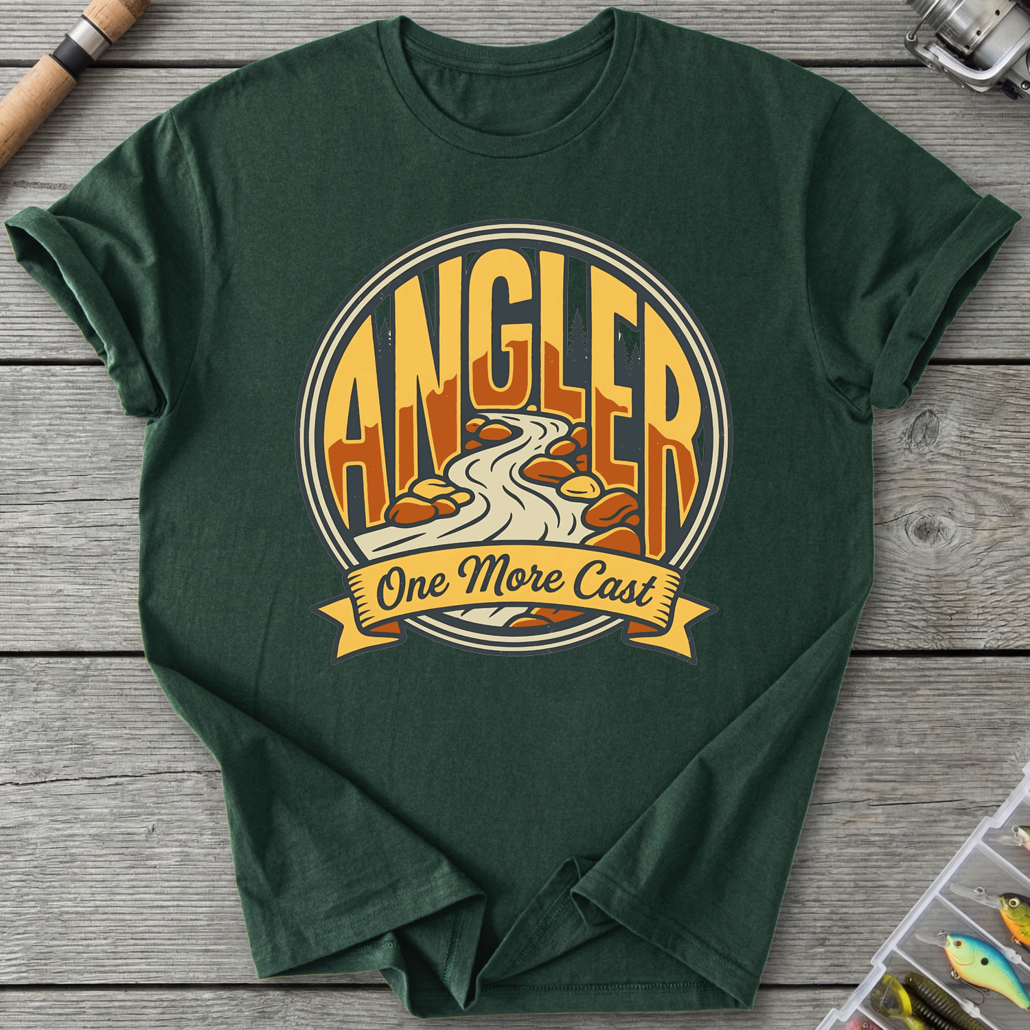One More Cast Angler Badge T-Shirt in Forest Green | River Giants Club