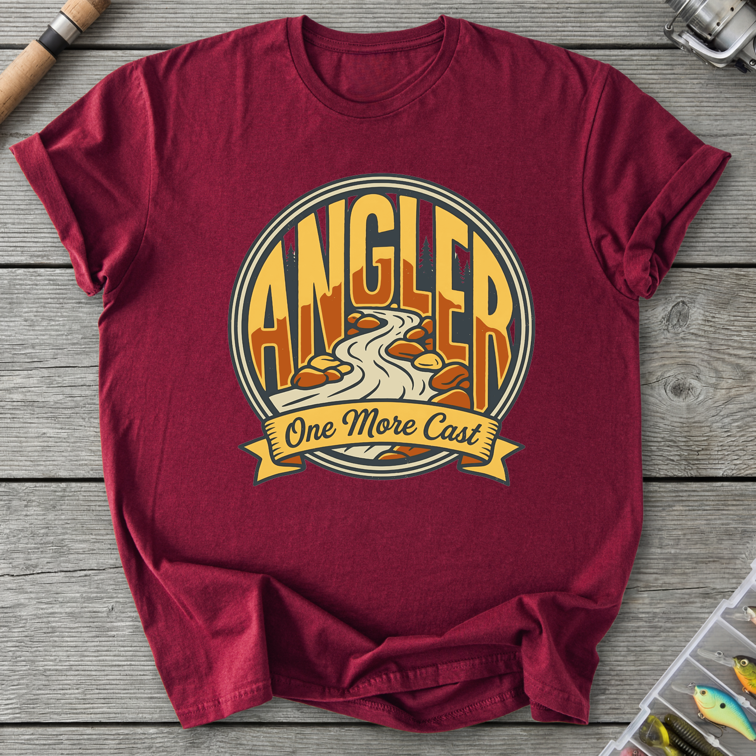 One More Cast Angler Badge T-Shirt in Maroon | River Giants Club