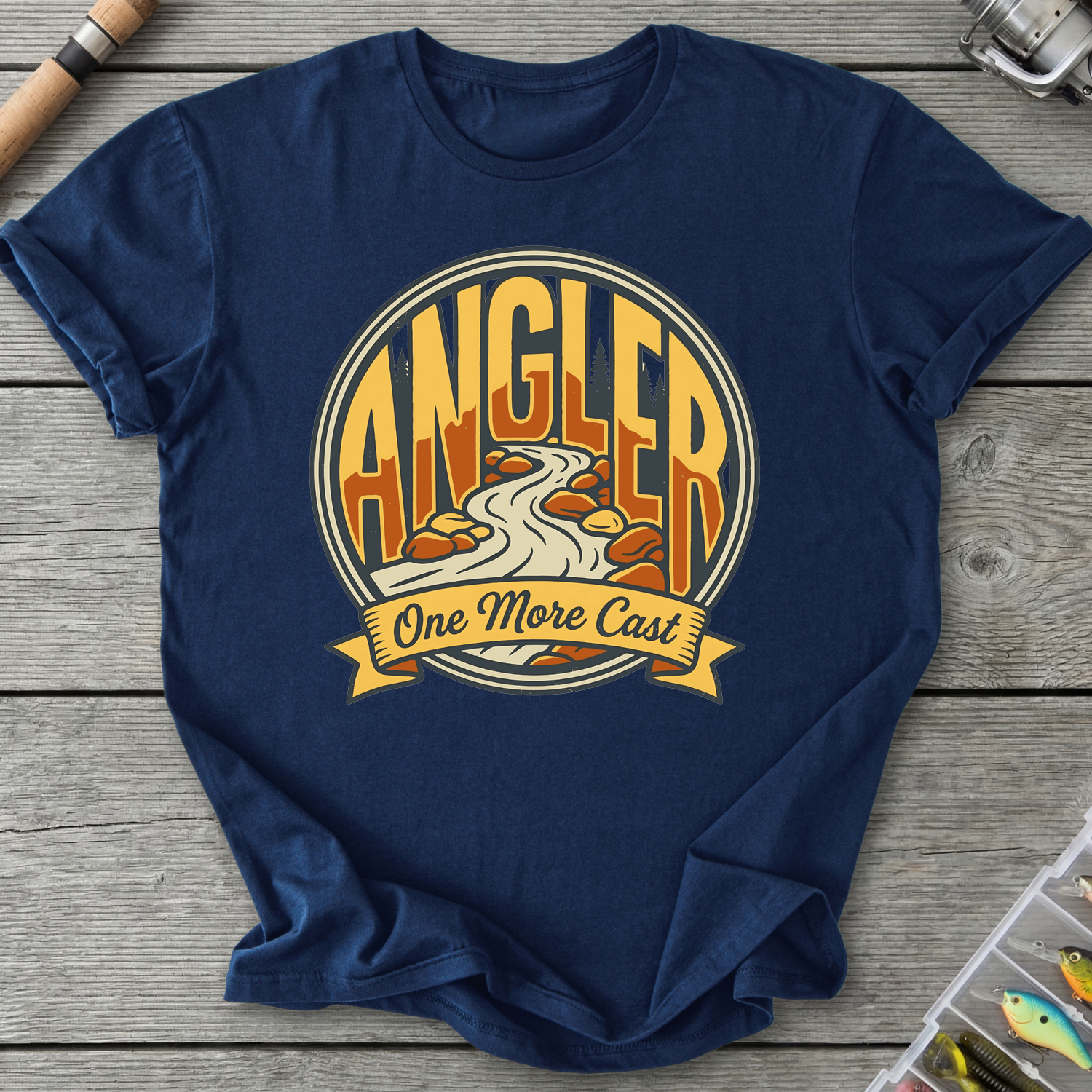One More Cast Angler Badge T-Shirt in Navy | River Giants Club