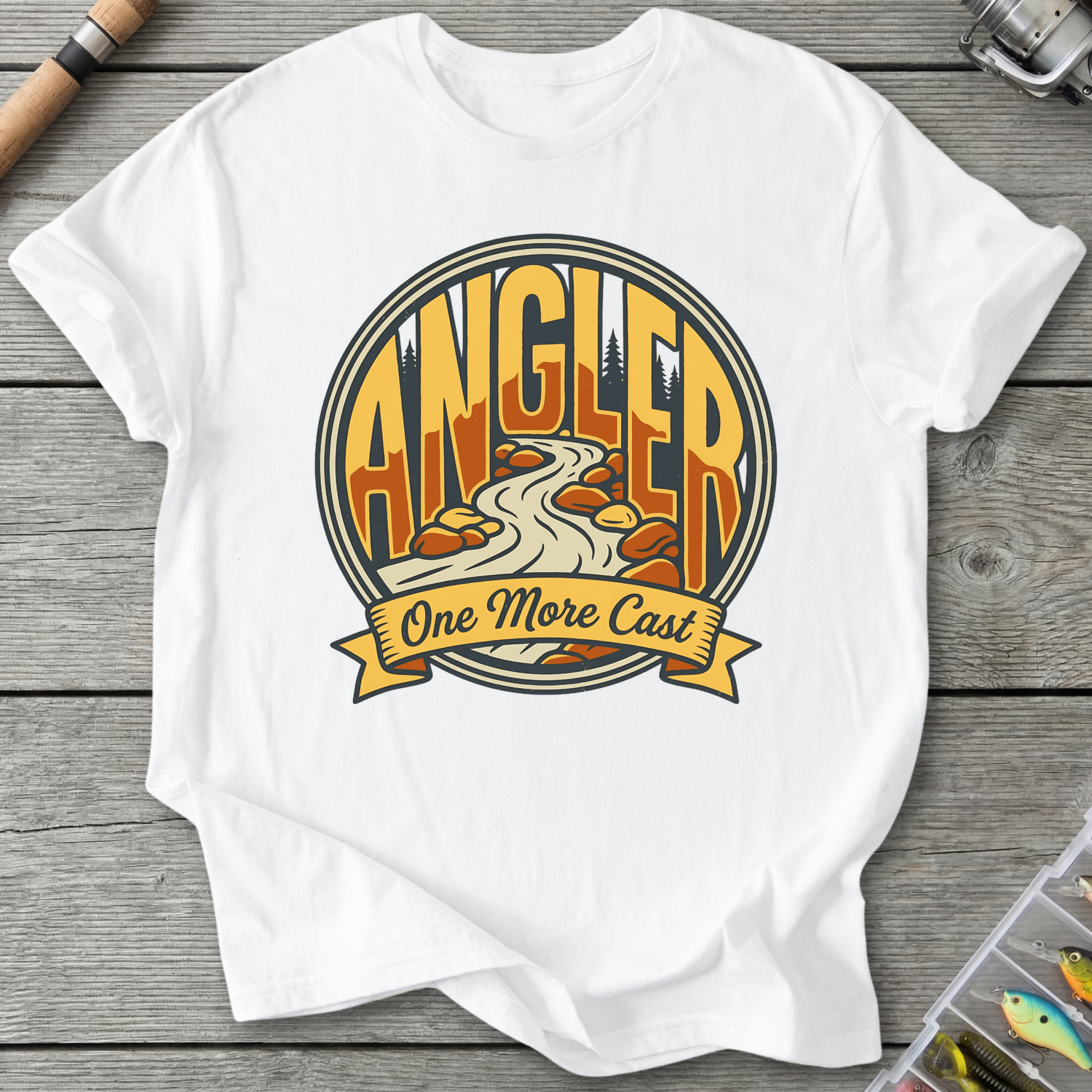 One More Cast Angler Badge T-Shirt in White | River Giants Club