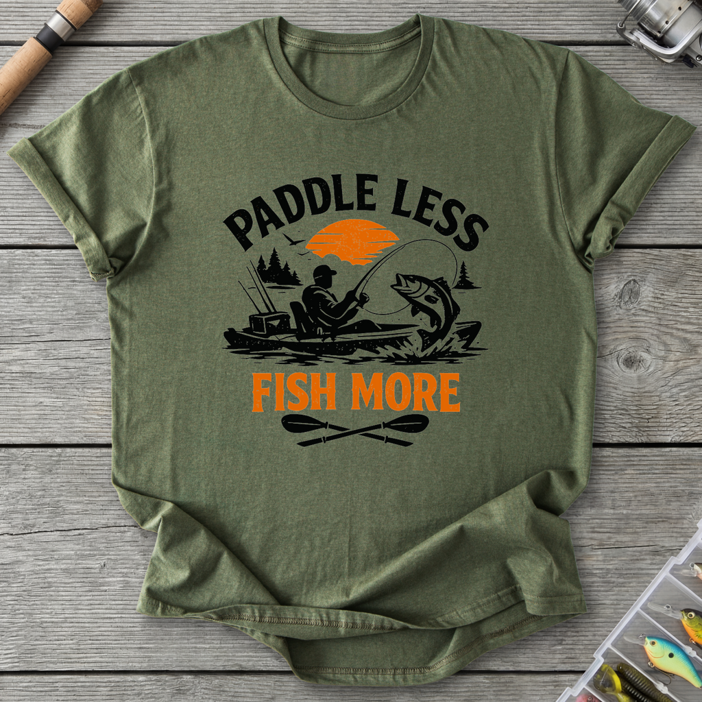 Paddle Less Fish More Kayak Fishing T-Shirt in Military Green | River Giants Club