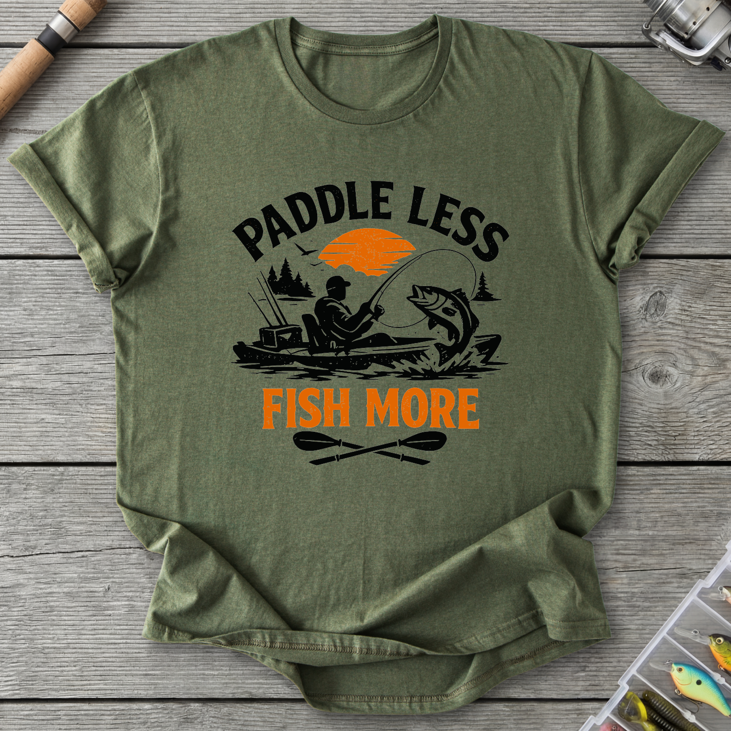 Paddle Less Fish More Kayak Fishing T-Shirt in Military Green | River Giants Club