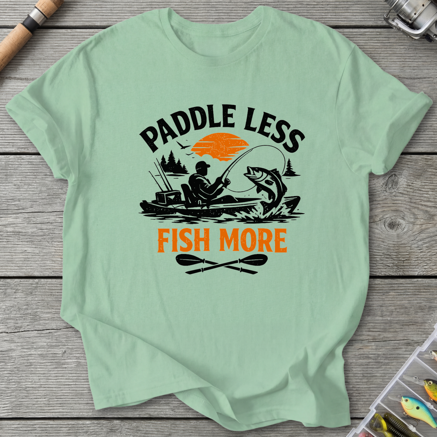 Paddle Less Fish More Kayak Fishing T-Shirt in Mint Green | River Giants Club