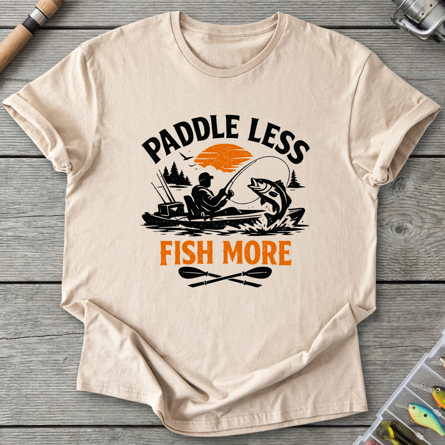 Paddle Less Fish More Kayak Fishing T-Shirt in Sand | River Giants Club