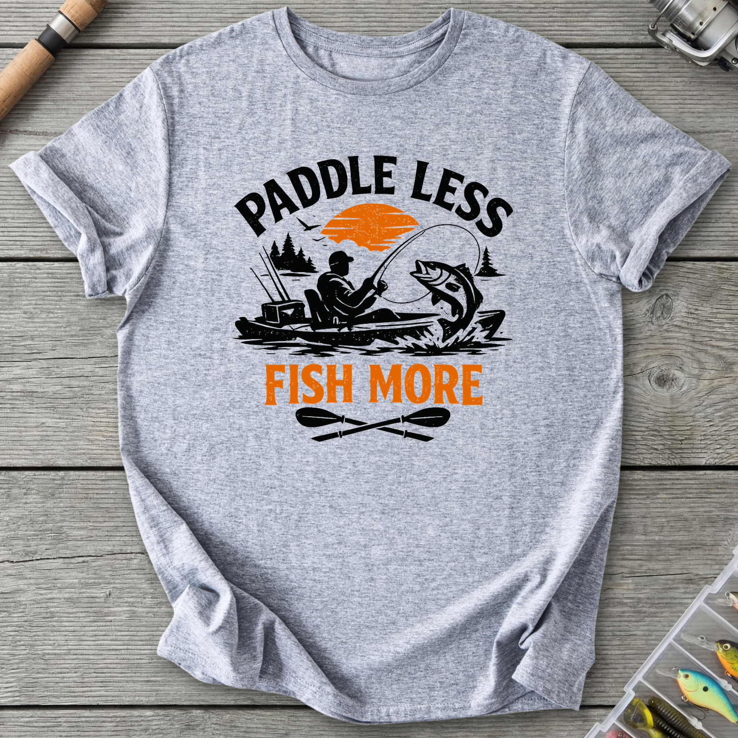 Paddle Less Fish More Kayak Fishing T-Shirt in Sport Grey | River Giants Club