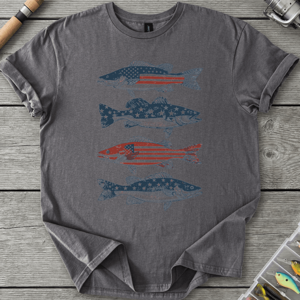 Patriotic Walleye American Flag T-Shirt in Charcoal | River Giants Club