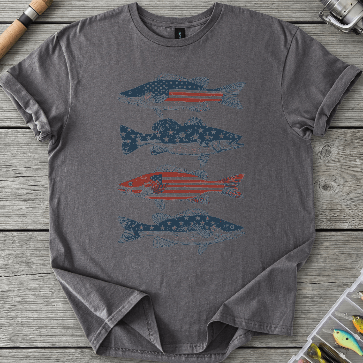 Patriotic Walleye American Flag T-Shirt in Charcoal | River Giants Club