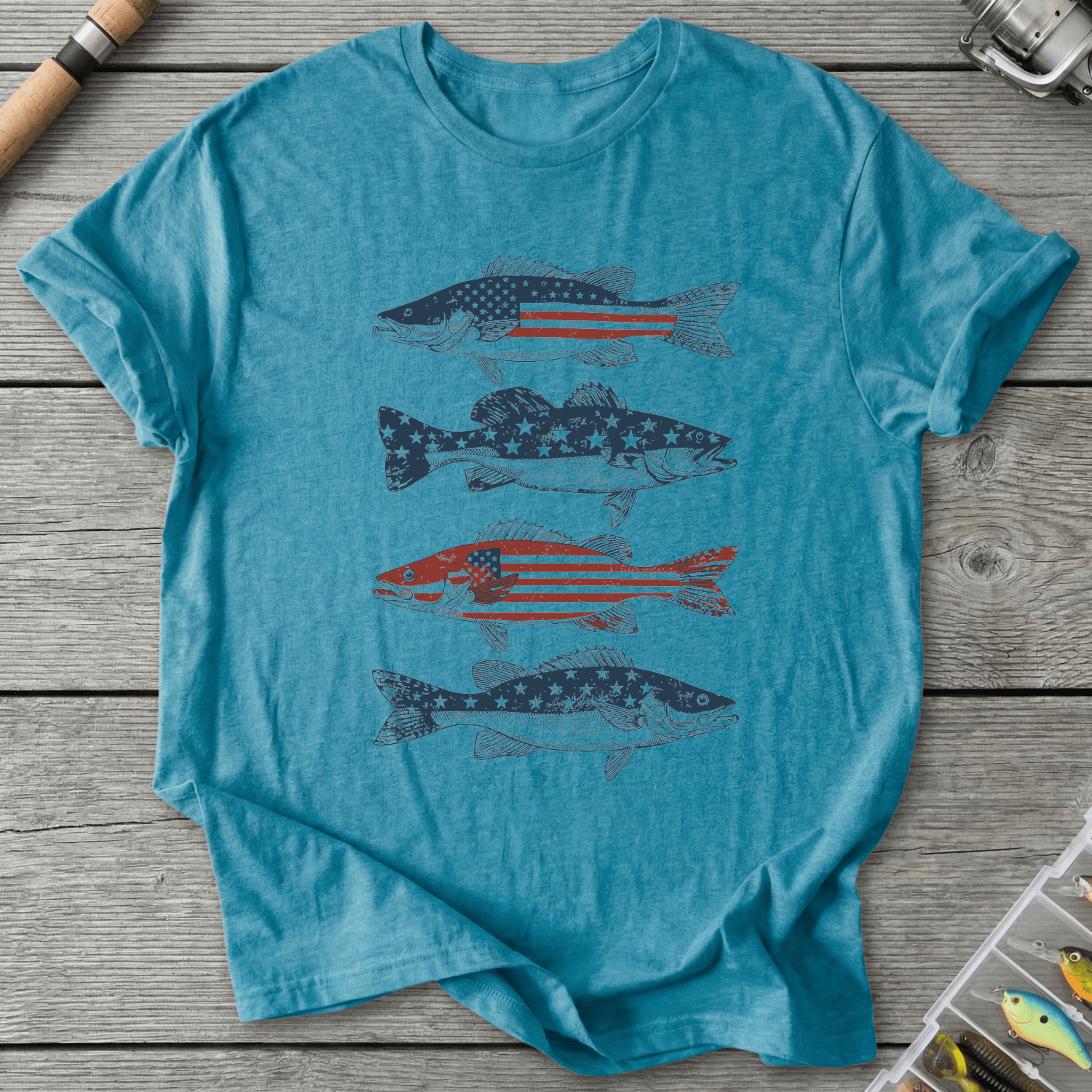 Patriotic Walleye American Flag T-Shirt in Heather Galapagos Blue | River Giants Club