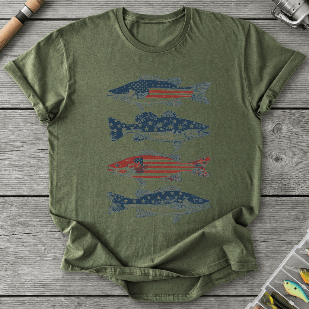 Patriotic Walleye American Flag T-Shirt in Military Green | River Giants Club