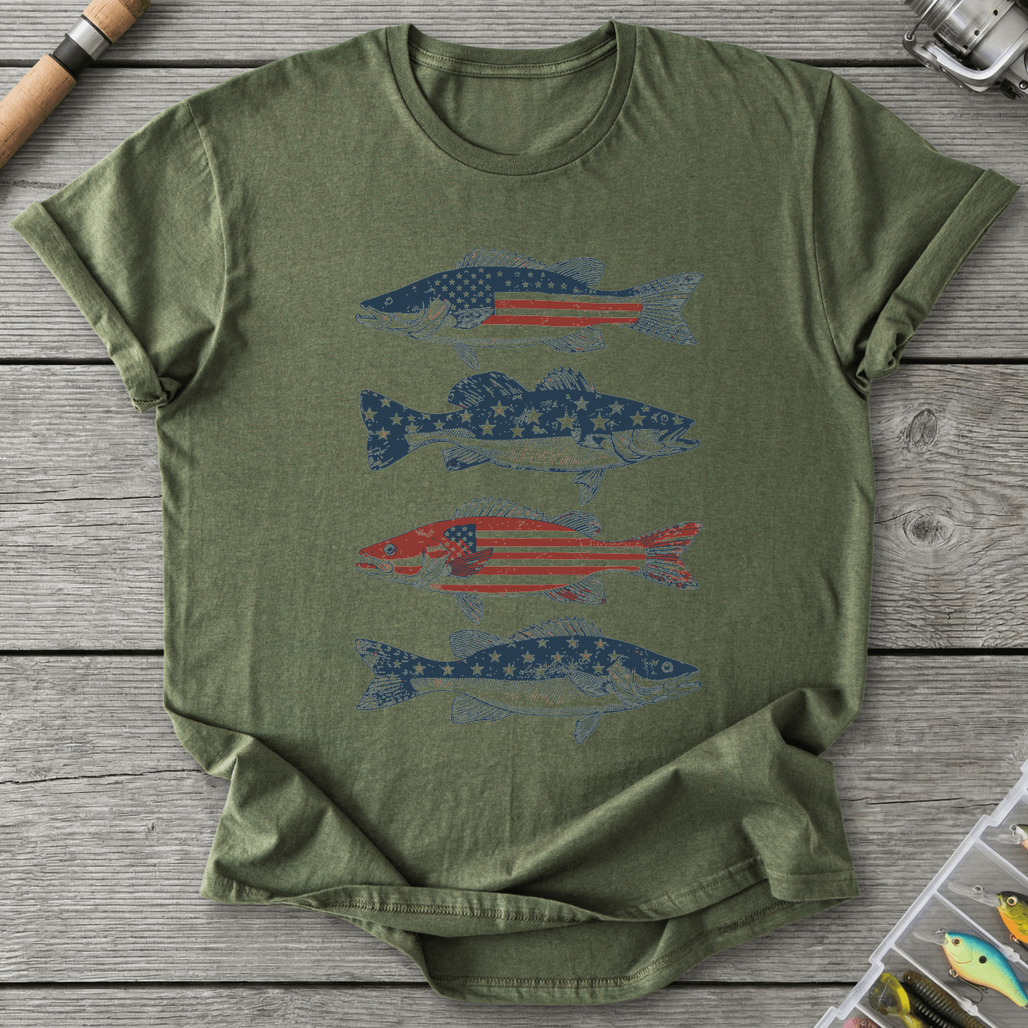 Patriotic Walleye American Flag T-Shirt in Military Green | River Giants Club