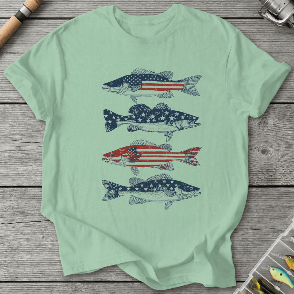 Patriotic Walleye American Flag T-Shirt in Mint Green | River Giants Club