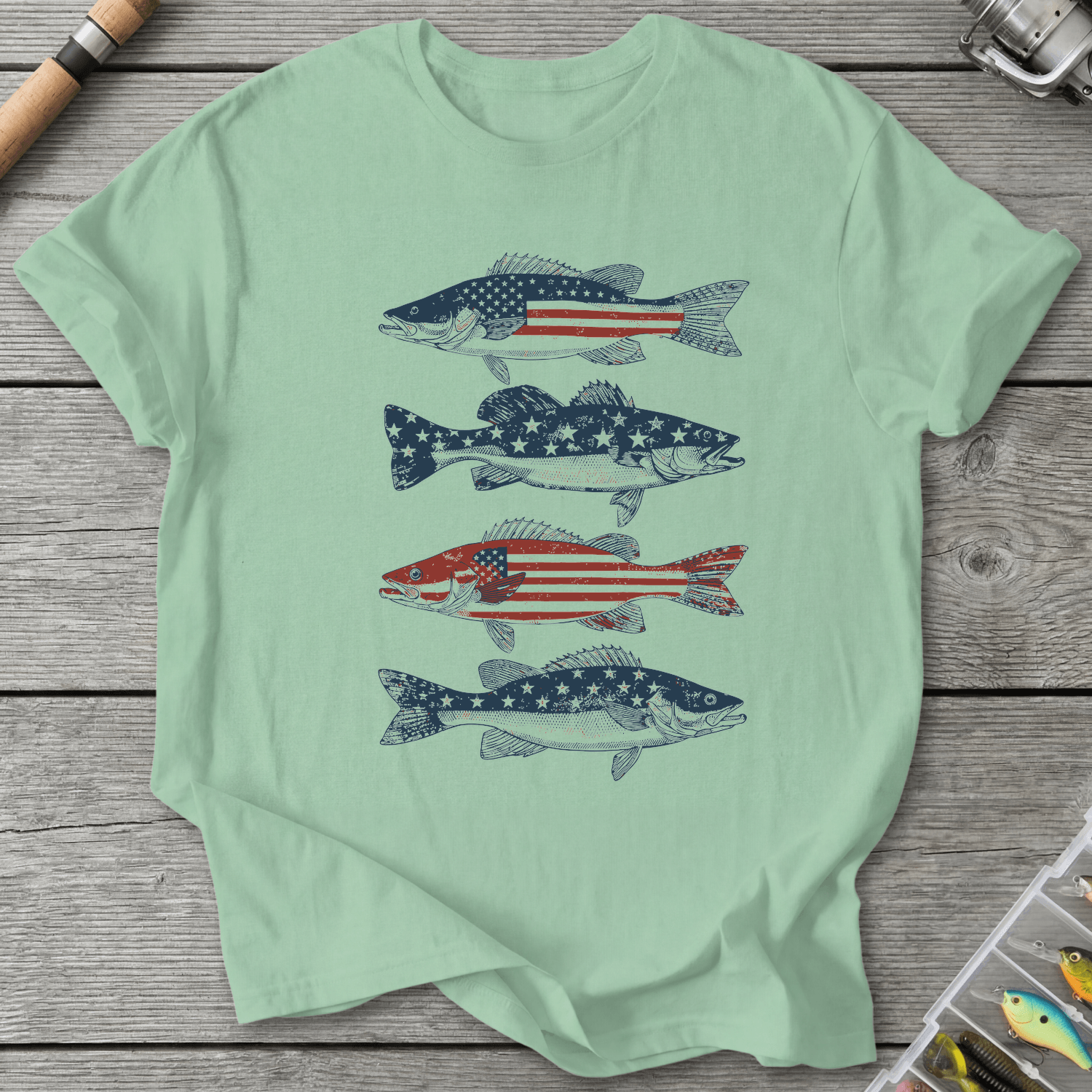Patriotic Walleye American Flag T-Shirt in Mint Green | River Giants Club