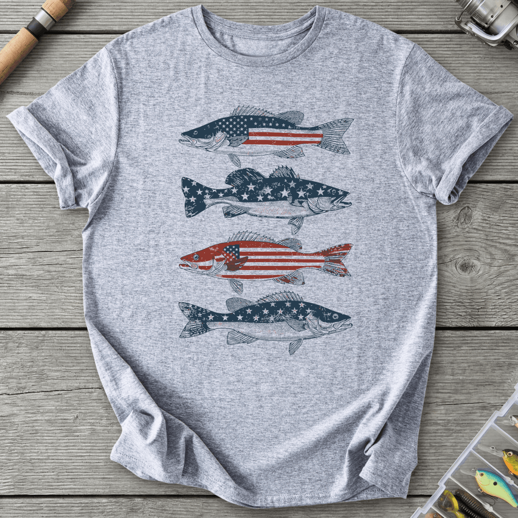 Patriotic Walleye American Flag T-Shirt in Sport Grey | River Giants Club