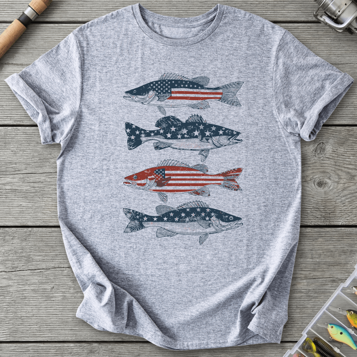 Patriotic Walleye American Flag T-Shirt in Sport Grey | River Giants Club