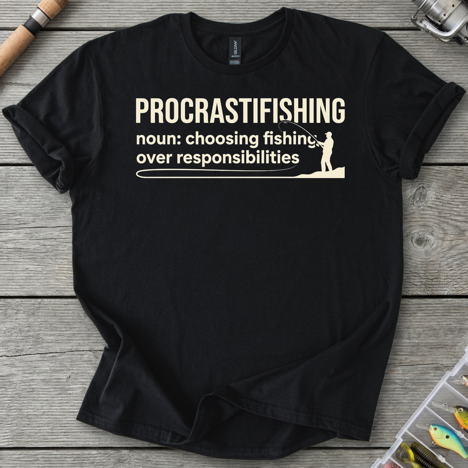 Procrastifishing Funny Fishing Shirt T-Shirt in Black | River Giants Club
