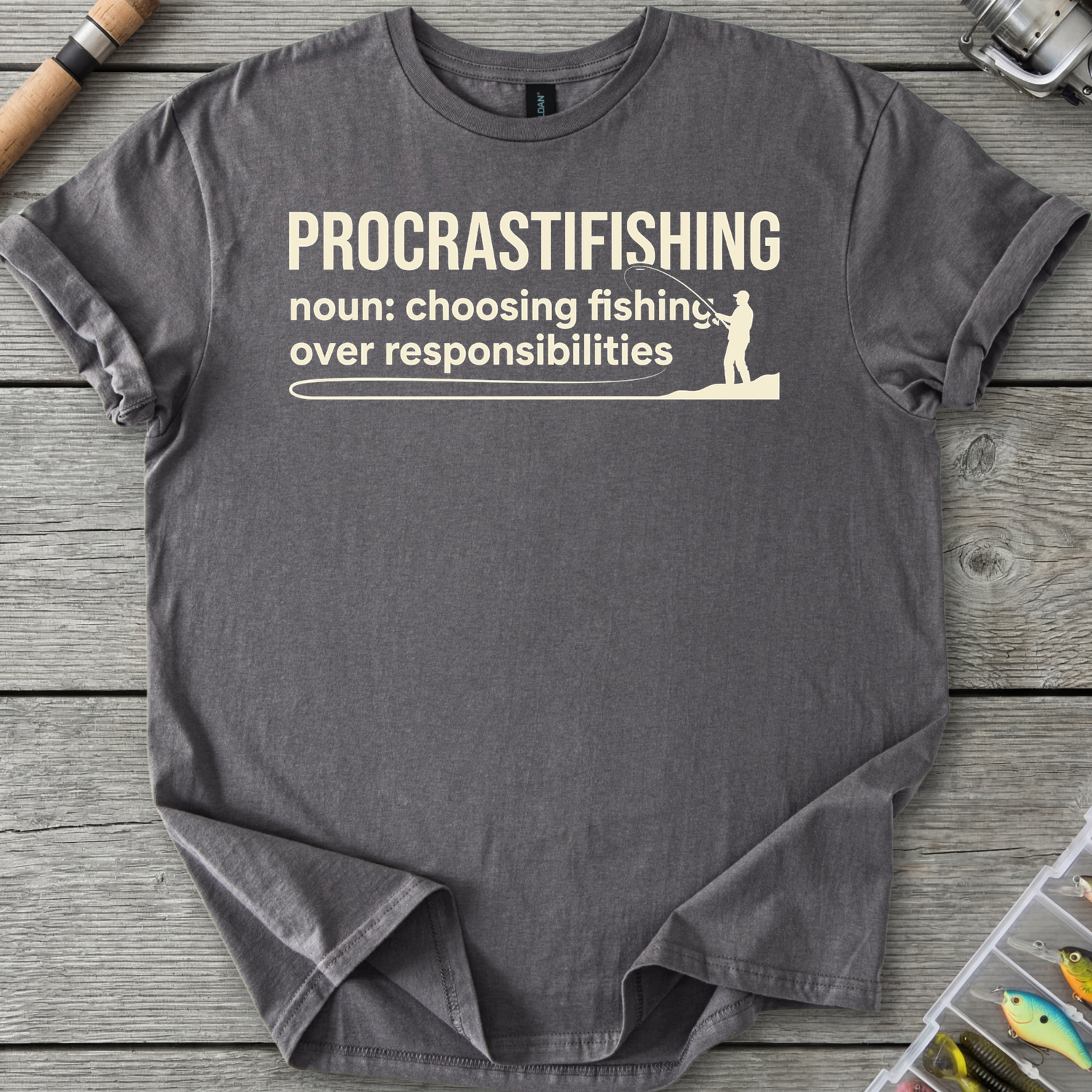 Procrastifishing Funny Fishing Shirt T-Shirt in Charcoal | River Giants Club