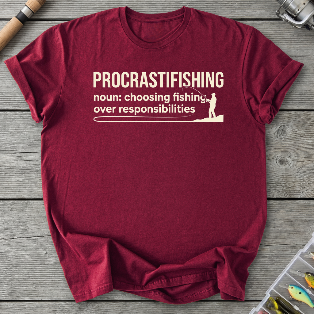 Procrastifishing Funny Fishing Shirt T-Shirt in Maroon | River Giants Club