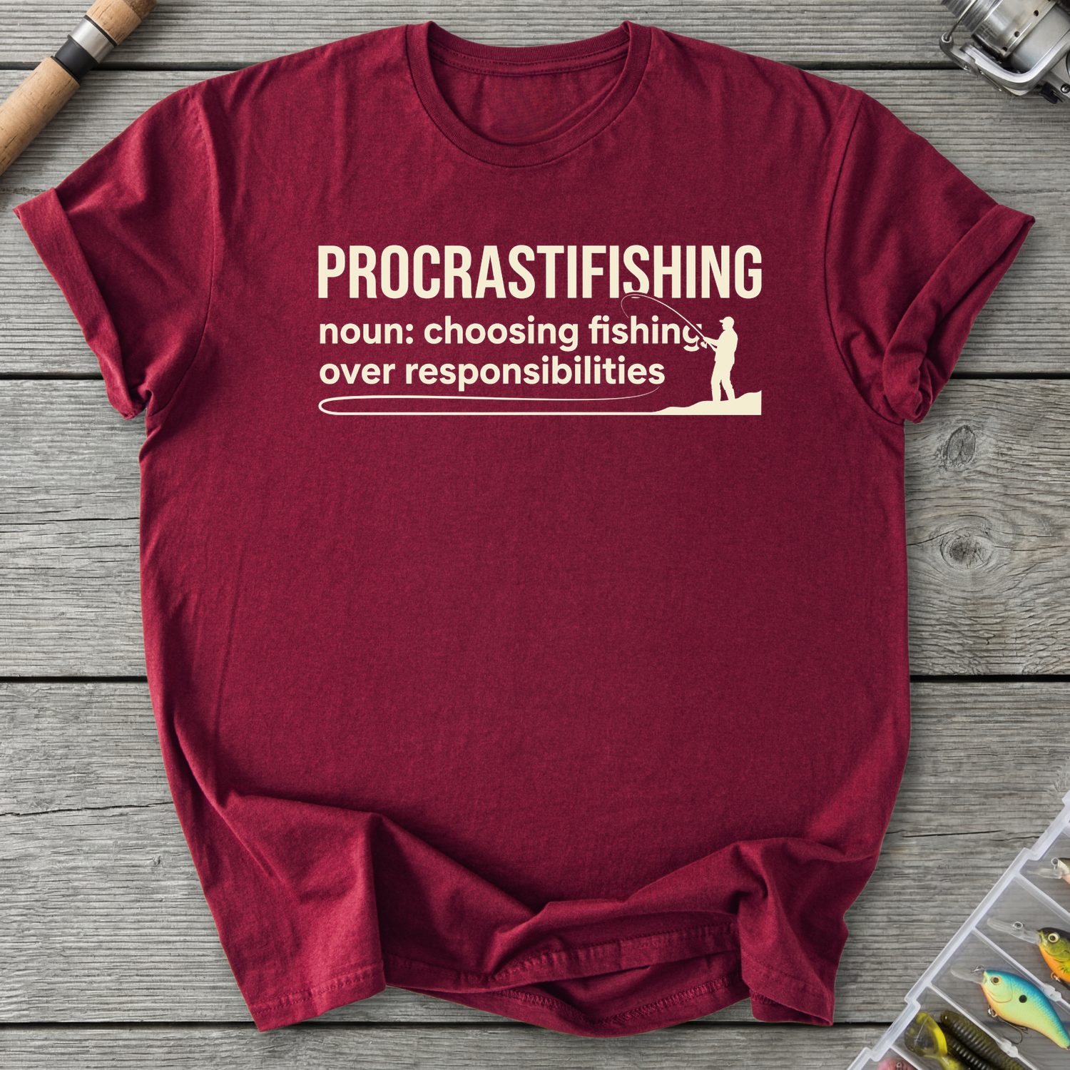 Procrastifishing Funny Fishing Shirt T-Shirt in Maroon | River Giants Club