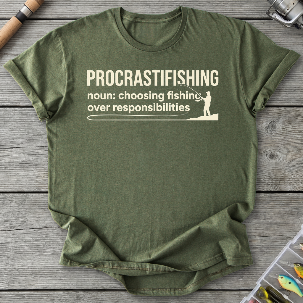 Procrastifishing Funny Fishing Shirt T-Shirt in Military Green | River Giants Club