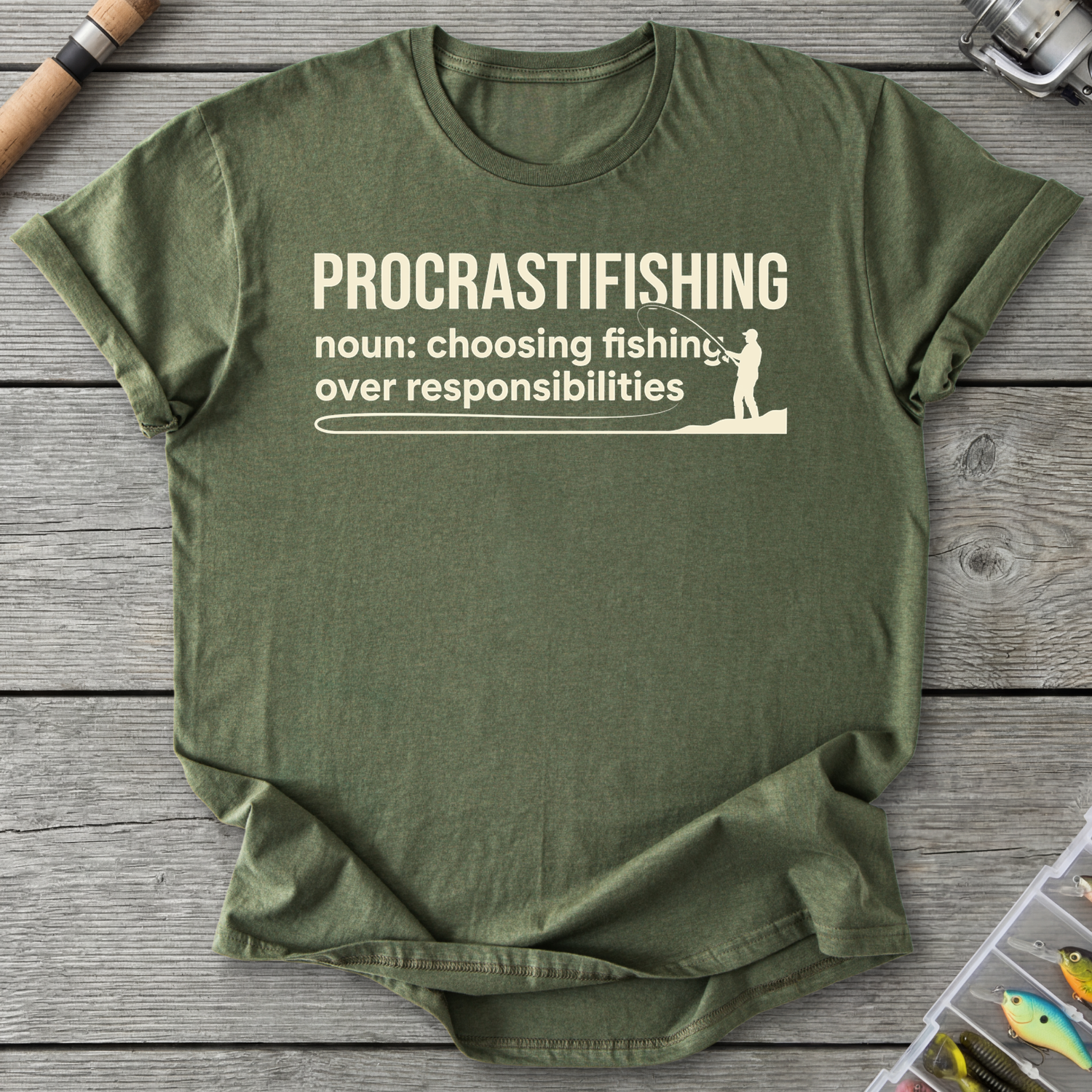 Procrastifishing Funny Fishing Shirt T-Shirt in Military Green | River Giants Club