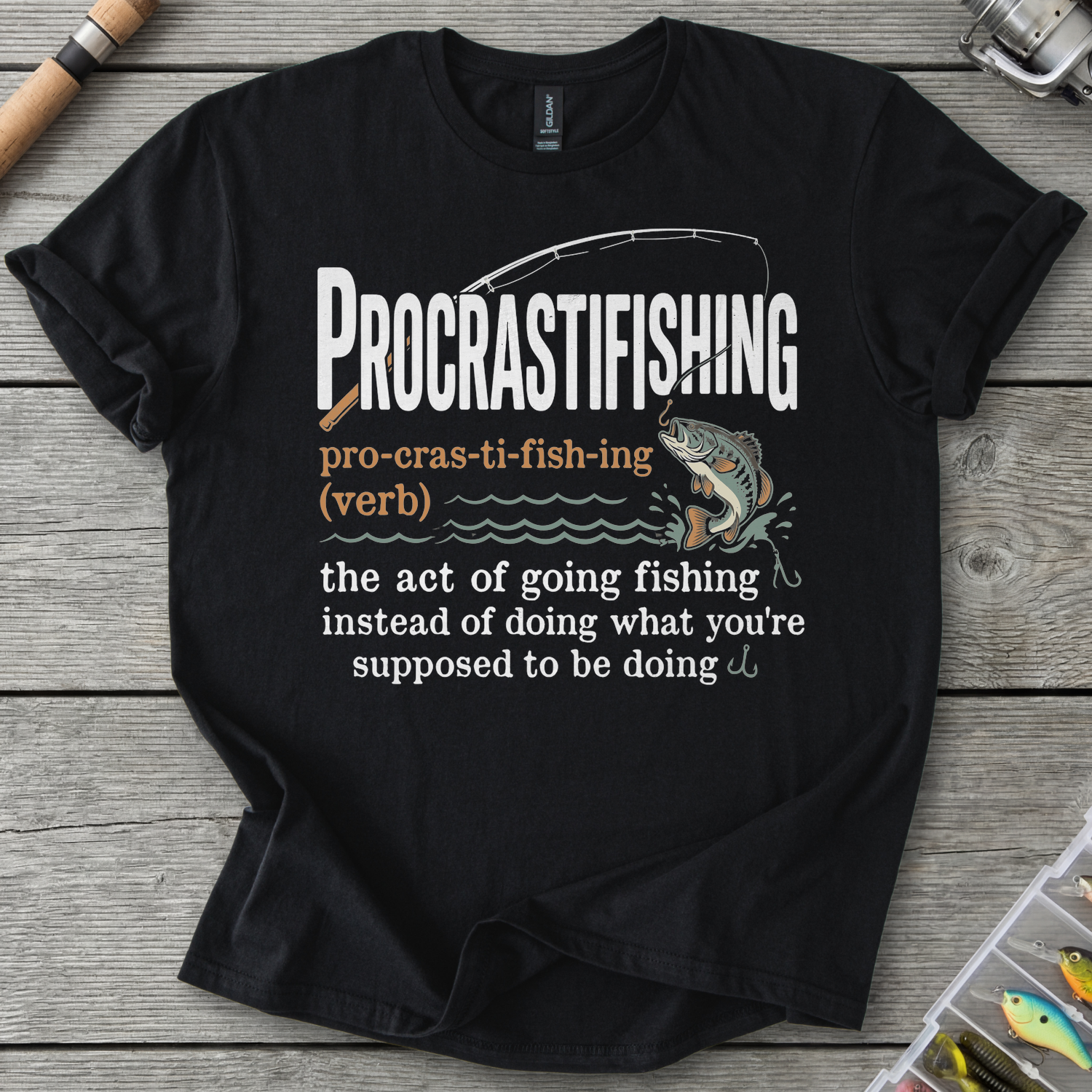 Procrastifishing Funny Fishing T-Shirt in Black | River Giants Club