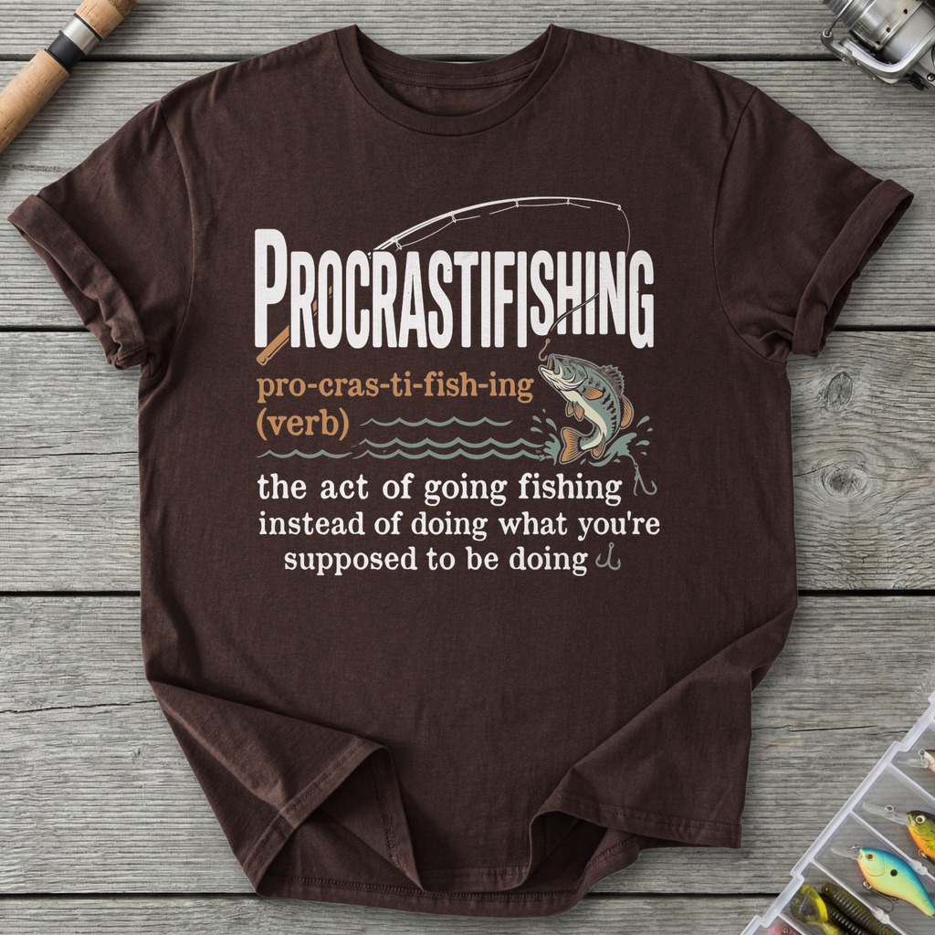 Procrastifishing Funny Fishing T-Shirt in Dark Chocolate | River Giants Club