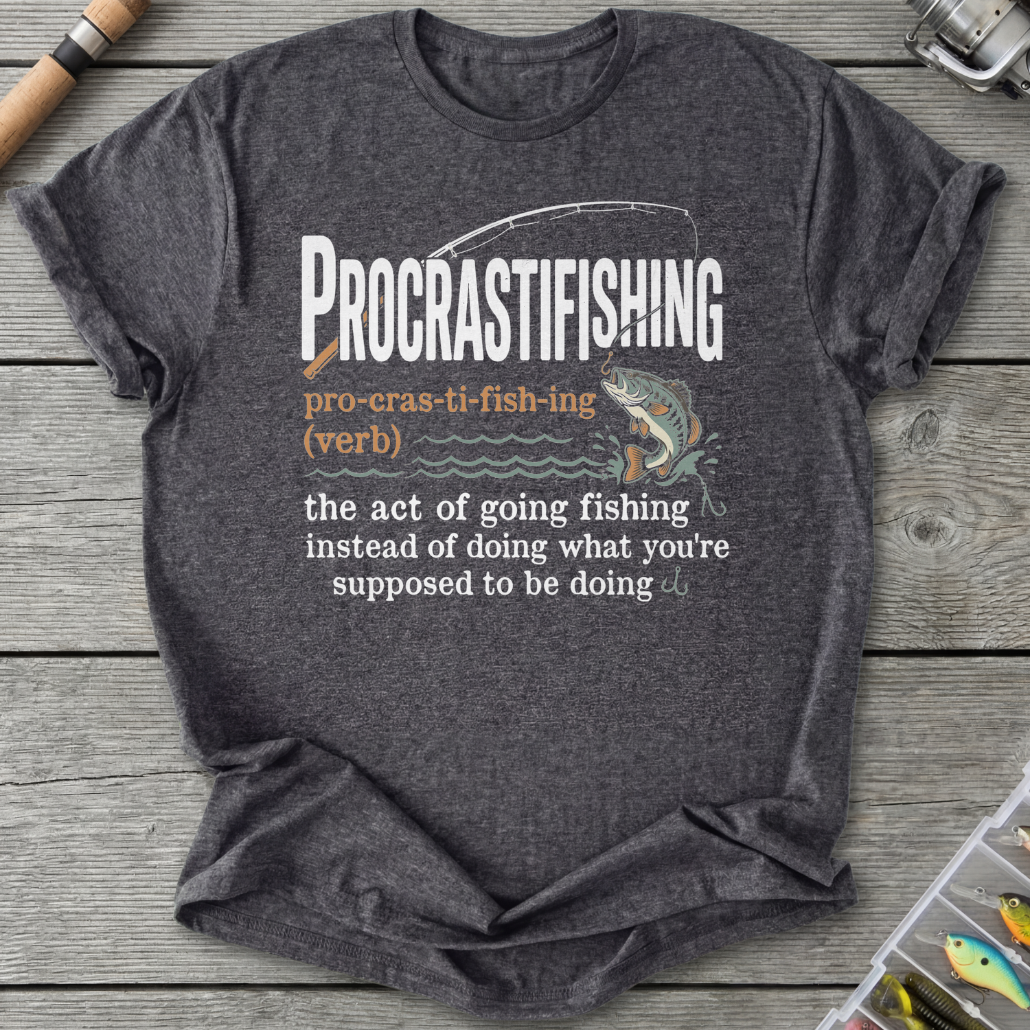 Procrastifishing Funny Fishing T-Shirt in Dark Heather Grey | River Giants Club
