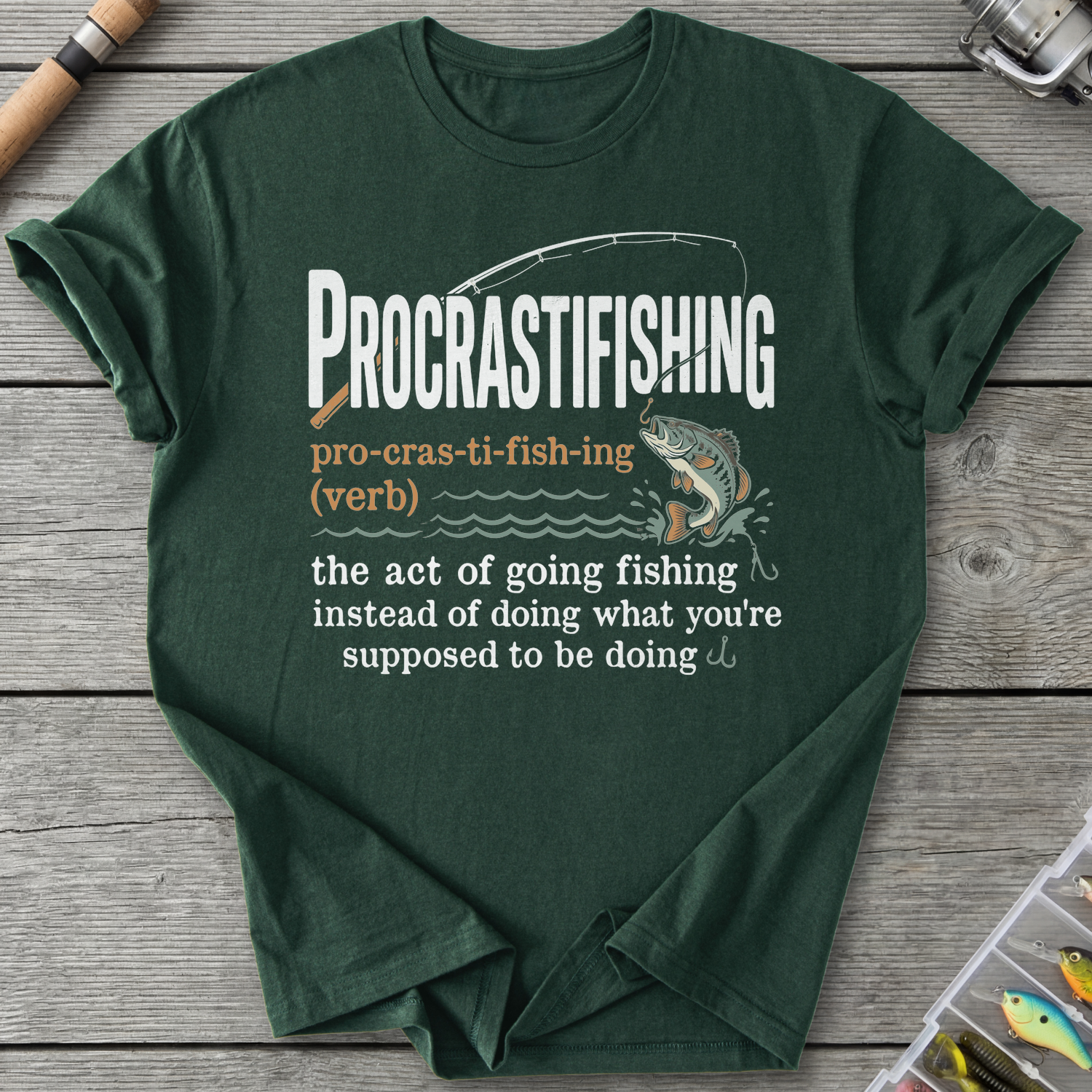 Procrastifishing Funny Fishing T-Shirt in Forest Green | River Giants Club