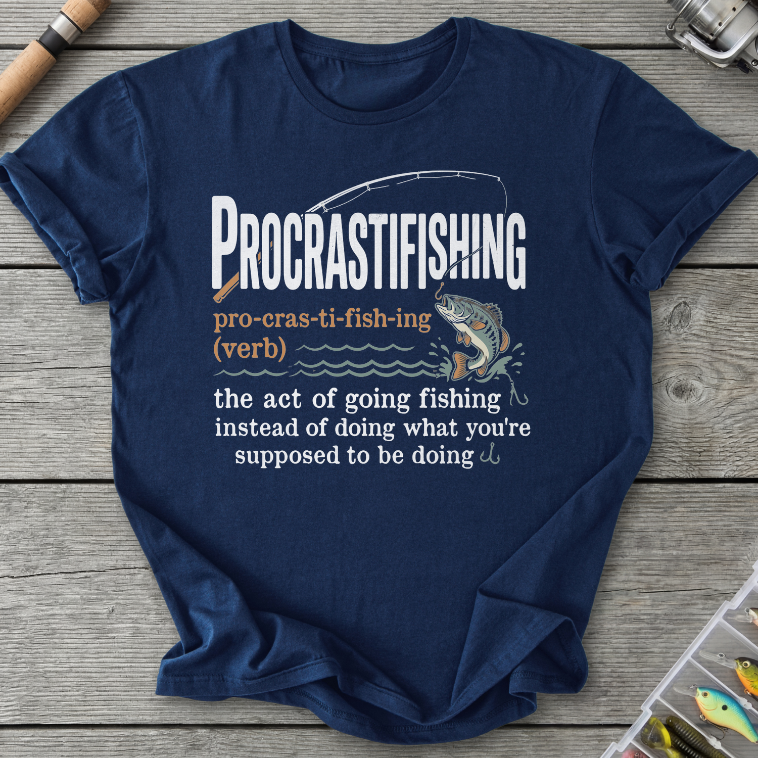 Procrastifishing Funny Fishing T-Shirt in Navy | River Giants Club
