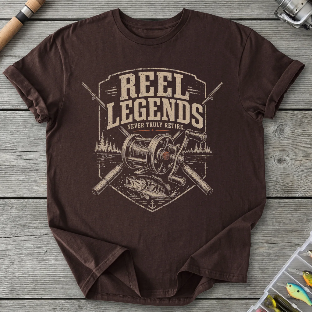 Reel Legends Never Retire T-Shirt in Dark Chocolate | River Giants Club
