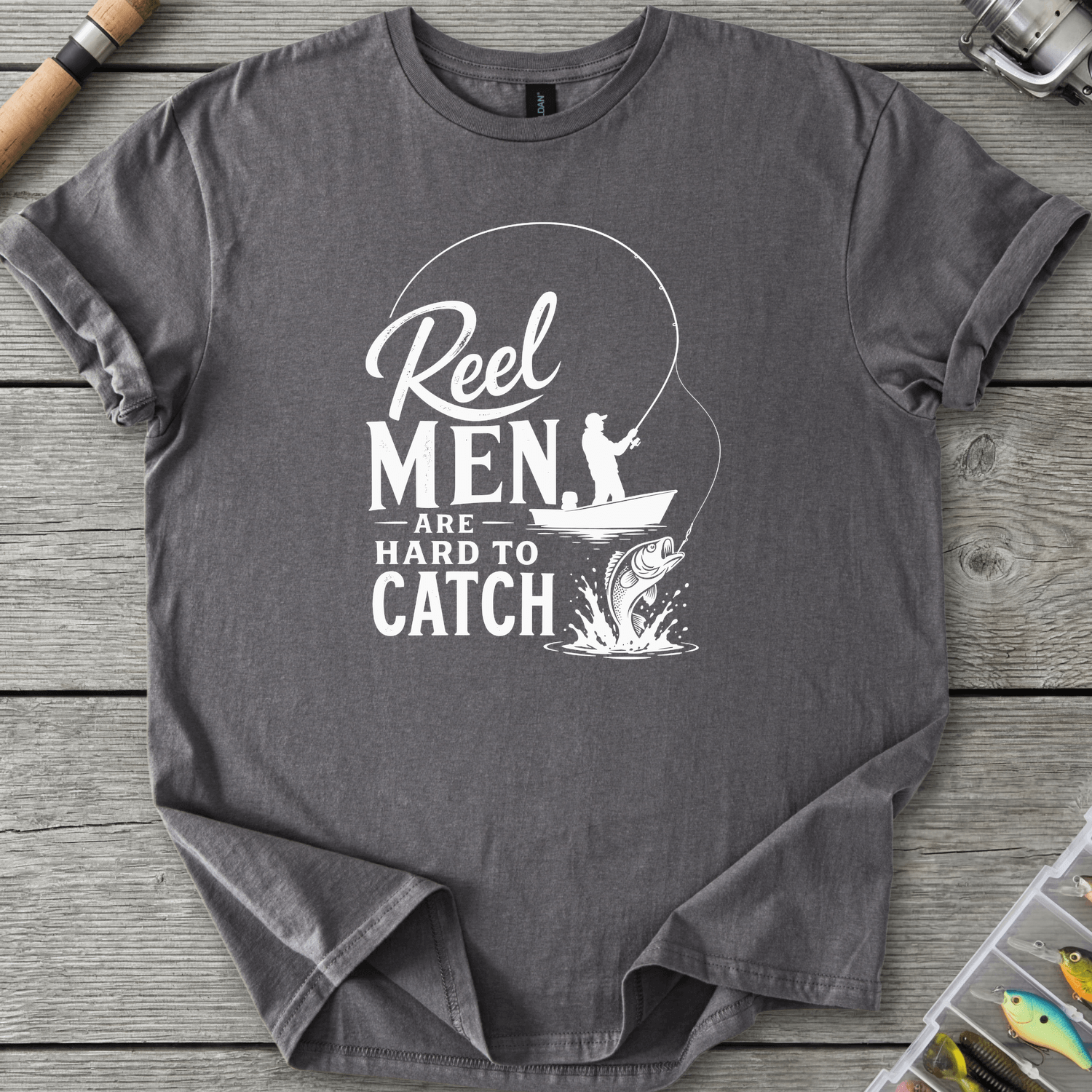 Reel Men Hard To Catch Dark T-Shirt in Charcoal | River Giants Club