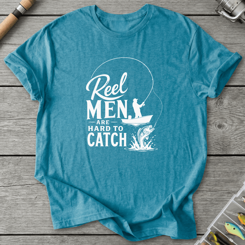Reel Men Hard To Catch Dark T-Shirt in Heather Galapagos Blue | River Giants Club