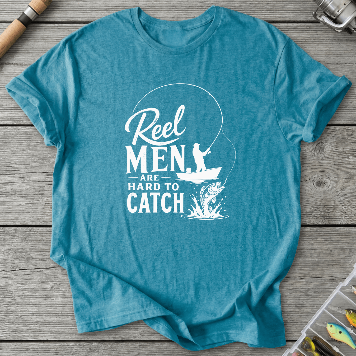 Reel Men Hard To Catch Dark T-Shirt in Heather Galapagos Blue | River Giants Club