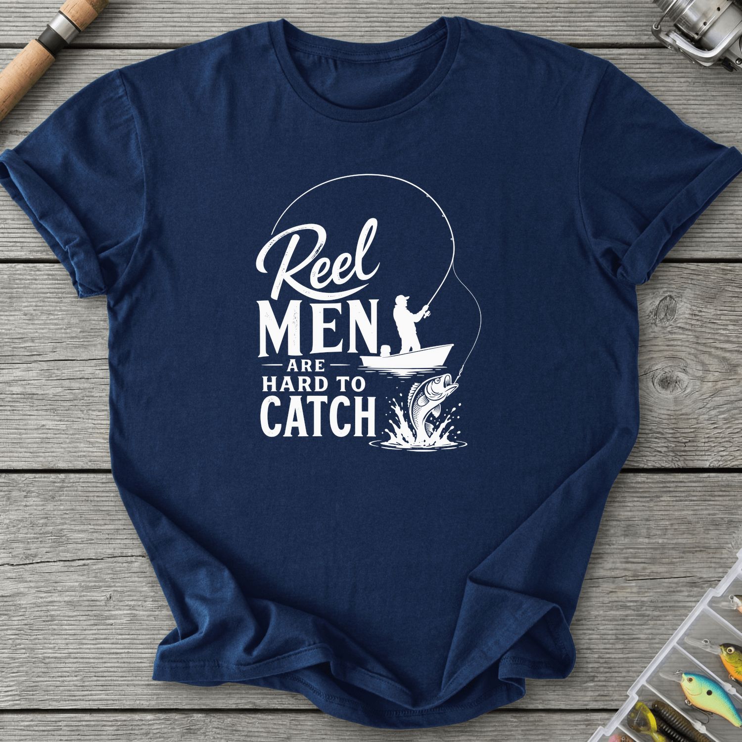 Reel Men Hard To Catch Dark T-Shirt in Navy | River Giants Club