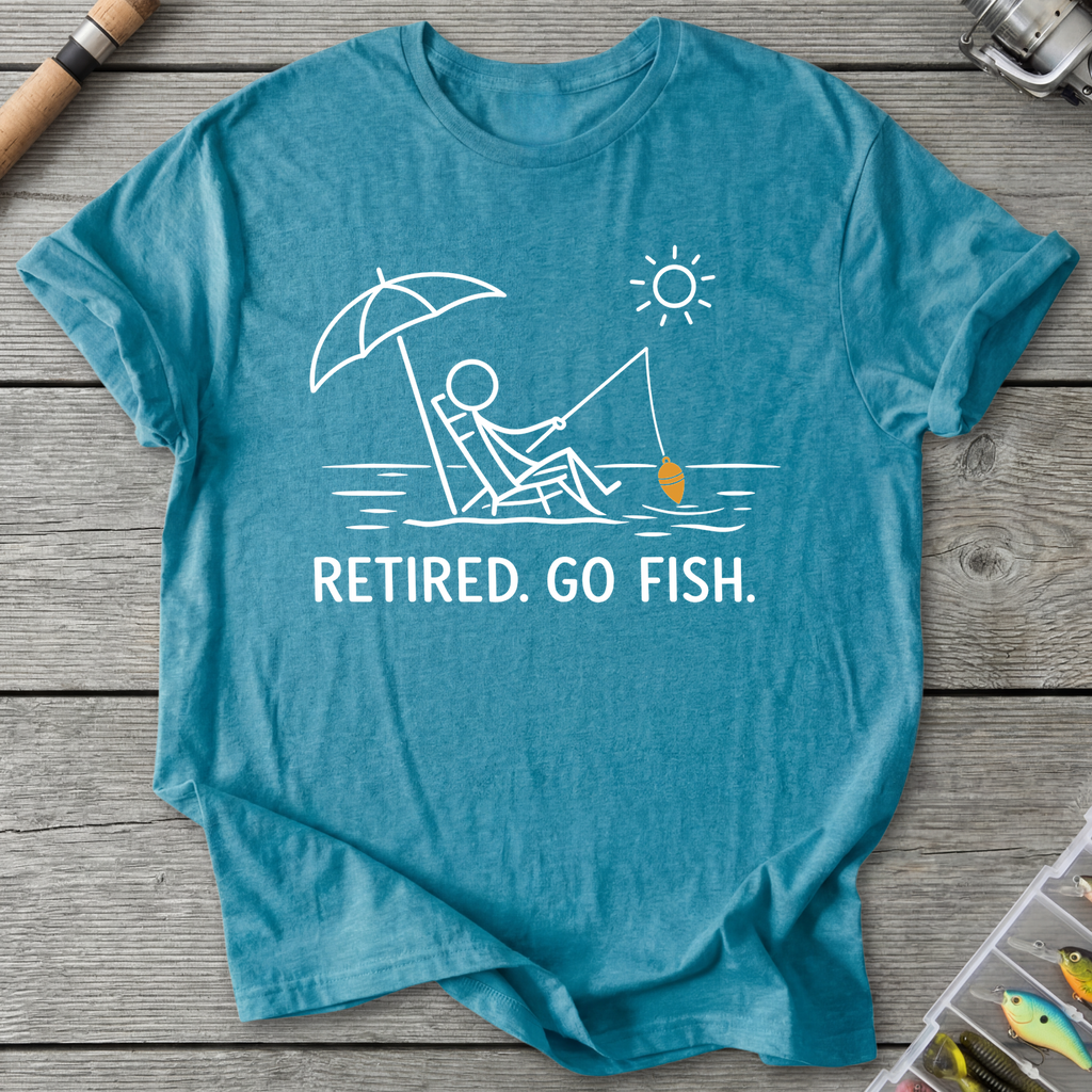 Retired Go Fish Fishing Humor T-Shirt in Heather Galapagos Blue | River Giants Club