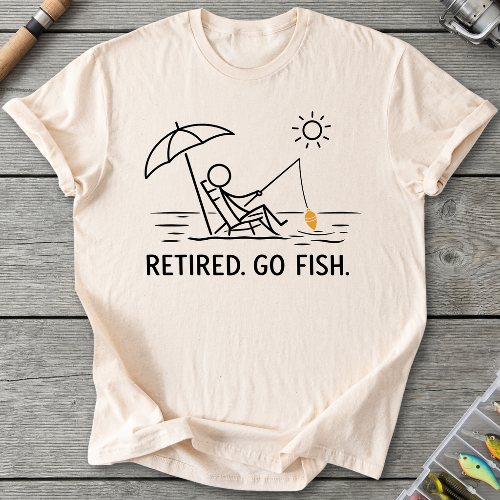 Retired Go Fish Fishing Humor T-Shirt in Natural | River Giants Club
